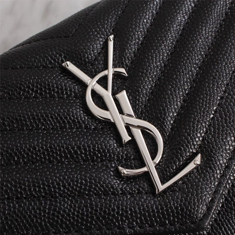 Saint Laurent Large Monogram Chain Wallet In Grained Matelasse Leather Black Silver