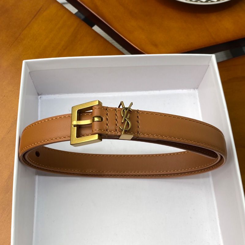 Saint Laurent Monogram Narrow Belt With Square Buckle In Nappa Leather Brown Gold