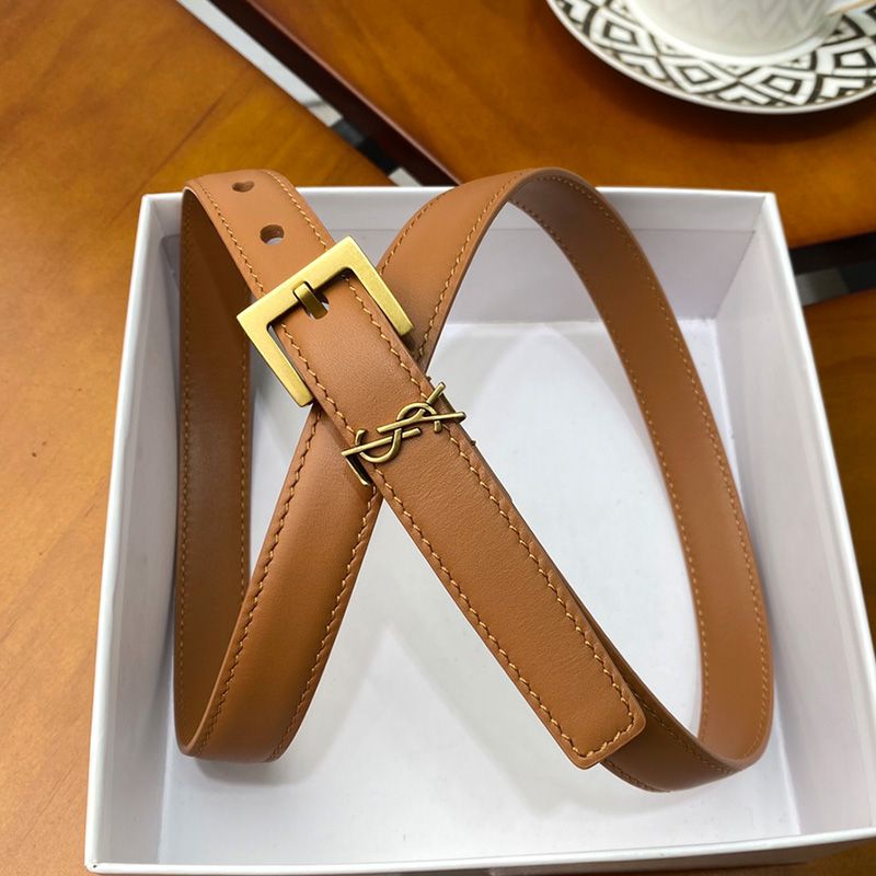 Saint Laurent Monogram Narrow Belt With Square Buckle In Nappa Leather Brown Gold