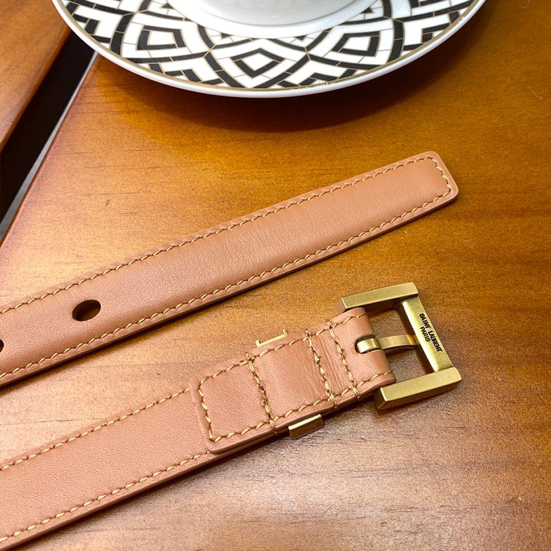 Saint Laurent Monogram Narrow Belt With Square Buckle In Nappa Leather Brown Gold