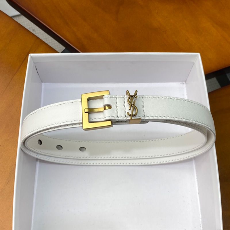 Saint Laurent Monogram Narrow Belt With Square Buckle In Nappa Leather White Gold