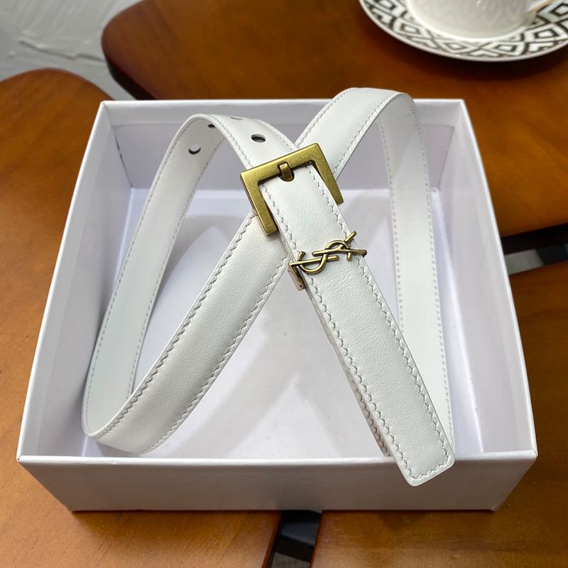 Saint Laurent Monogram Narrow Belt With Square Buckle In Nappa Leather White Gold