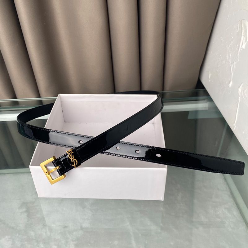 Saint Laurent Monogram Narrow Belt With Square Buckle In Patent Leather Black Gold