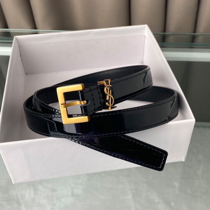 Saint Laurent Monogram Narrow Belt With Square Buckle In Patent Leather Black Gold