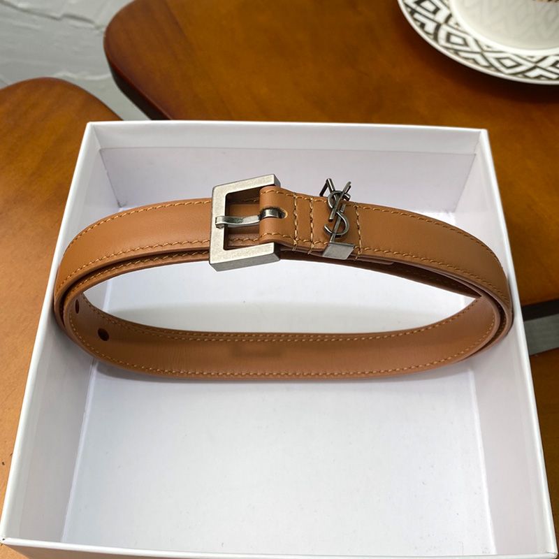 Saint Laurent Monogram Narrow Belt With Square Buckle In Nappa Leather Brown Silver