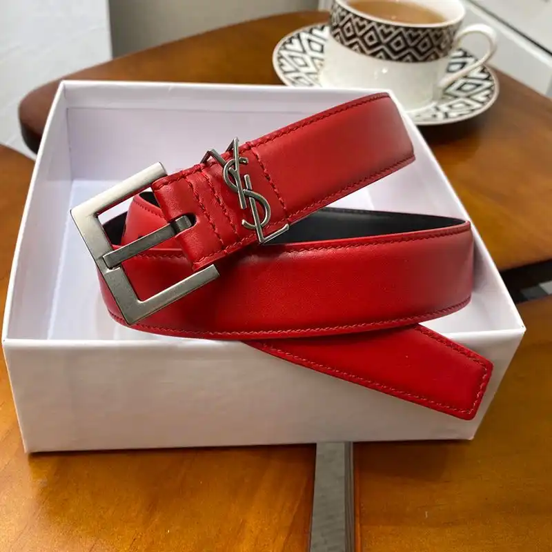 Saint Laurent Monogram Narrow Belt With Square Buckle In Nappa Leather Red Silver