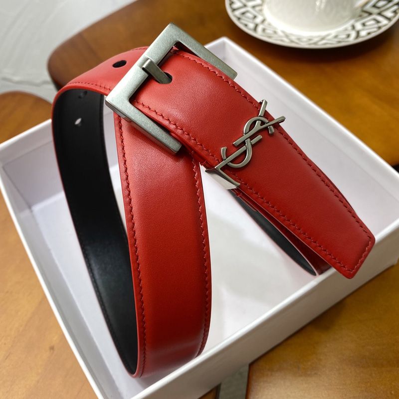 Saint Laurent Monogram Narrow Belt With Square Buckle In Nappa Leather Red Silver