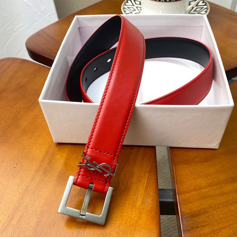 Saint Laurent Monogram Narrow Belt With Square Buckle In Nappa Leather Red Silver