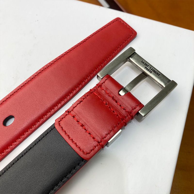 Saint Laurent Monogram Narrow Belt With Square Buckle In Nappa Leather Red Silver