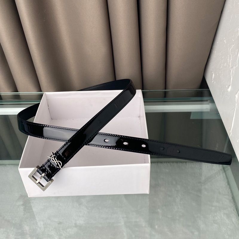 Saint Laurent Monogram Narrow Belt With Square Buckle In Patent Leather Black Silver