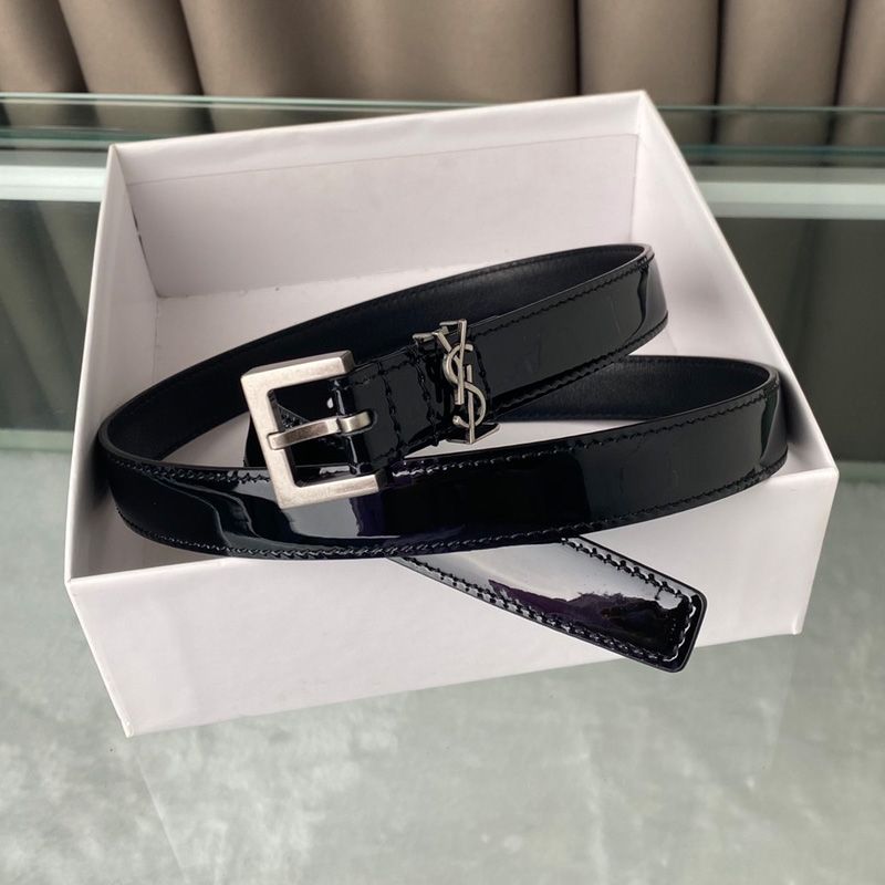 Saint Laurent Monogram Narrow Belt With Square Buckle In Patent Leather Black Silver