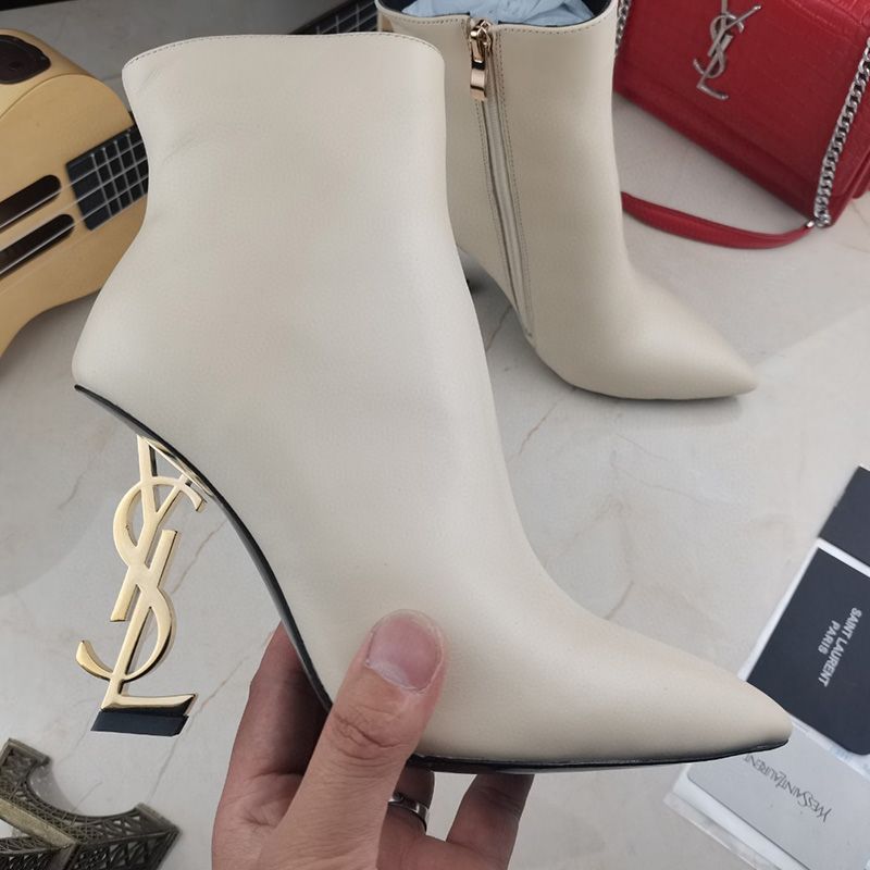 Saint Laurent Opyum Ankle Boots Women Smooth Leather Beige Gold