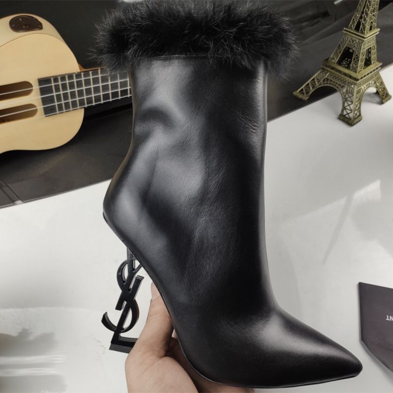 Saint Laurent Opyum Ankle Boots Women Smooth Leather and Mink Fur Black