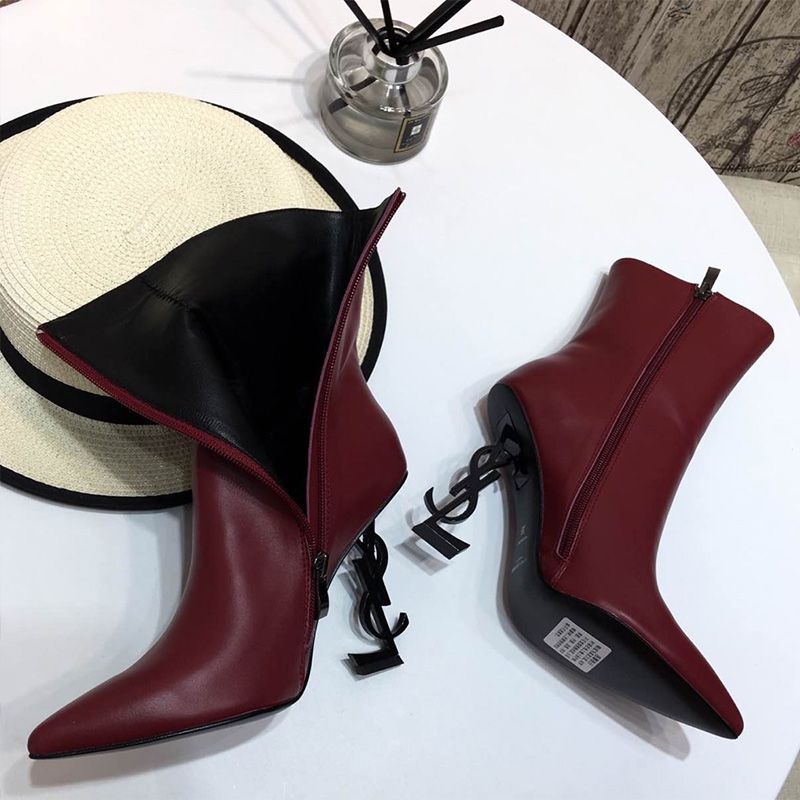 Saint Laurent Opyum Ankle Boots Women Smooth Leather Red