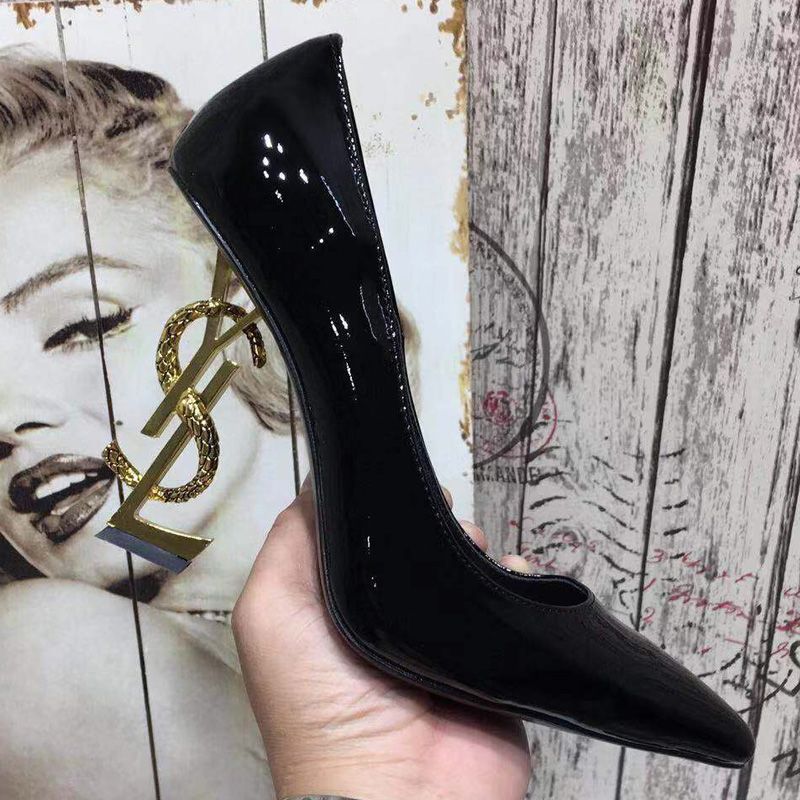 Saint Laurent Opyum Pumps Women Patent Leather with Snake Heel Black Gold