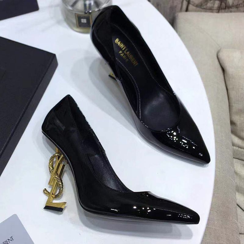 Saint Laurent Opyum Pumps Women Patent Leather with Snake Heel Black Gold