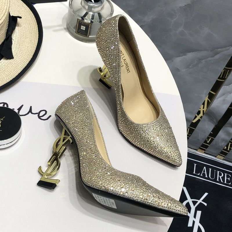 Saint Laurent Opyum Pumps Women Glitter Rhinestones Fabric Gold