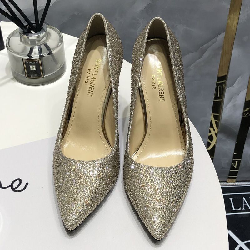 Saint Laurent Opyum Pumps Women Glitter Rhinestones Fabric Gold