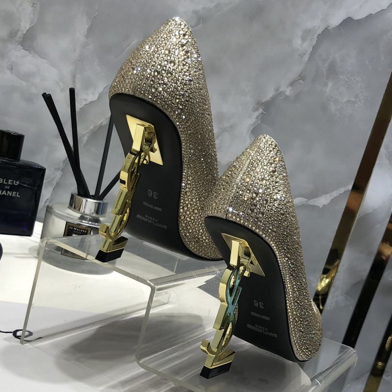 Saint Laurent Opyum Pumps Women Glitter Rhinestones Fabric Gold