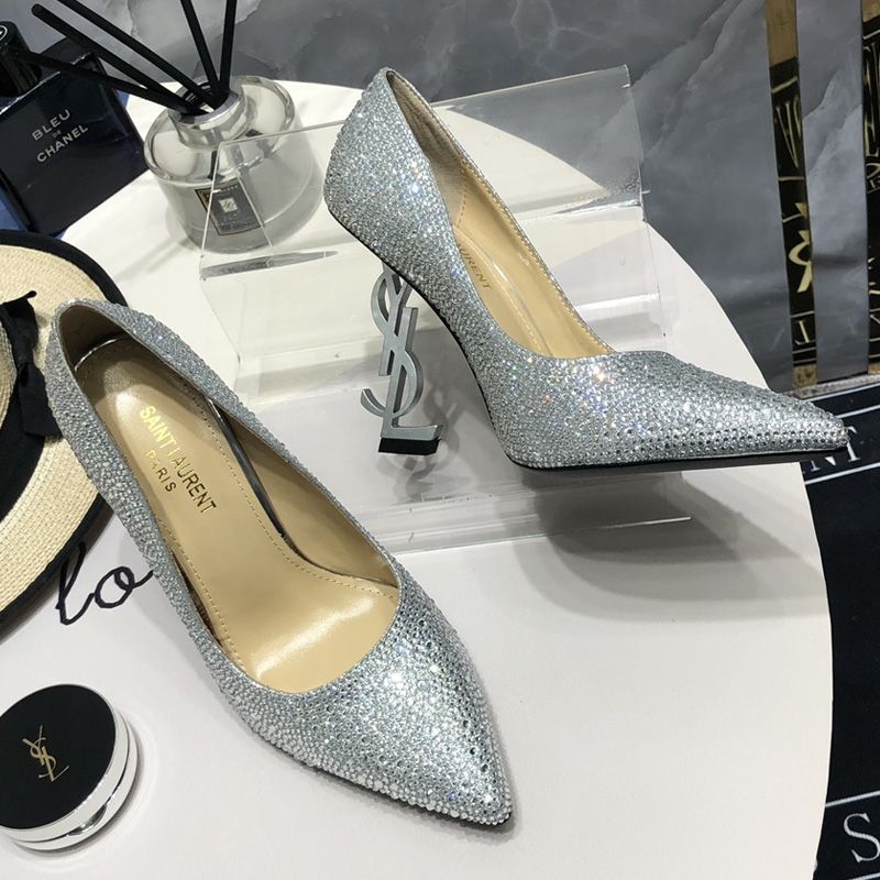 Saint Laurent Opyum Pumps Women Glitter Rhinestones Fabric Silver