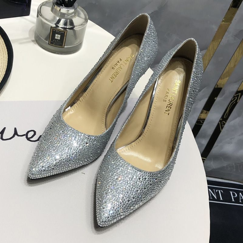 Saint Laurent Opyum Pumps Women Glitter Rhinestones Fabric Silver