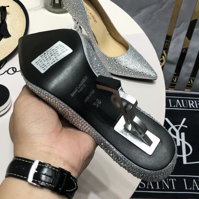 Saint Laurent Opyum Pumps Women Glitter Rhinestones Fabric Silver