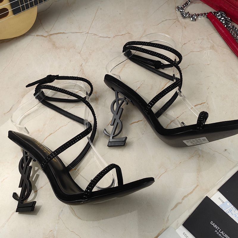 Saint Laurent Opyum Sandals with Crisscrossed Straps Women Satin with Rhinestones Black