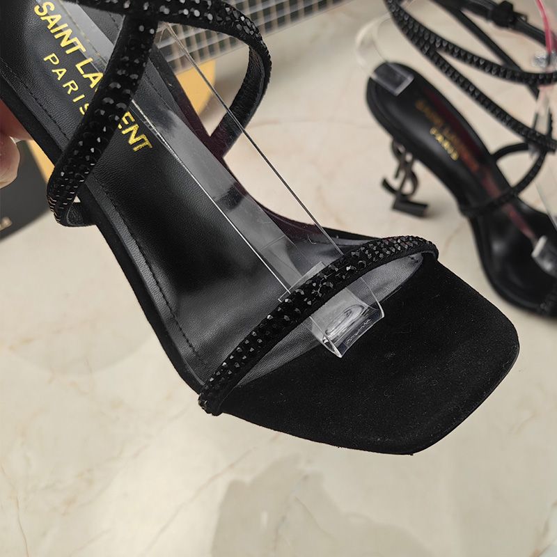 Saint Laurent Opyum Sandals with Crisscrossed Straps Women Satin with Rhinestones Black