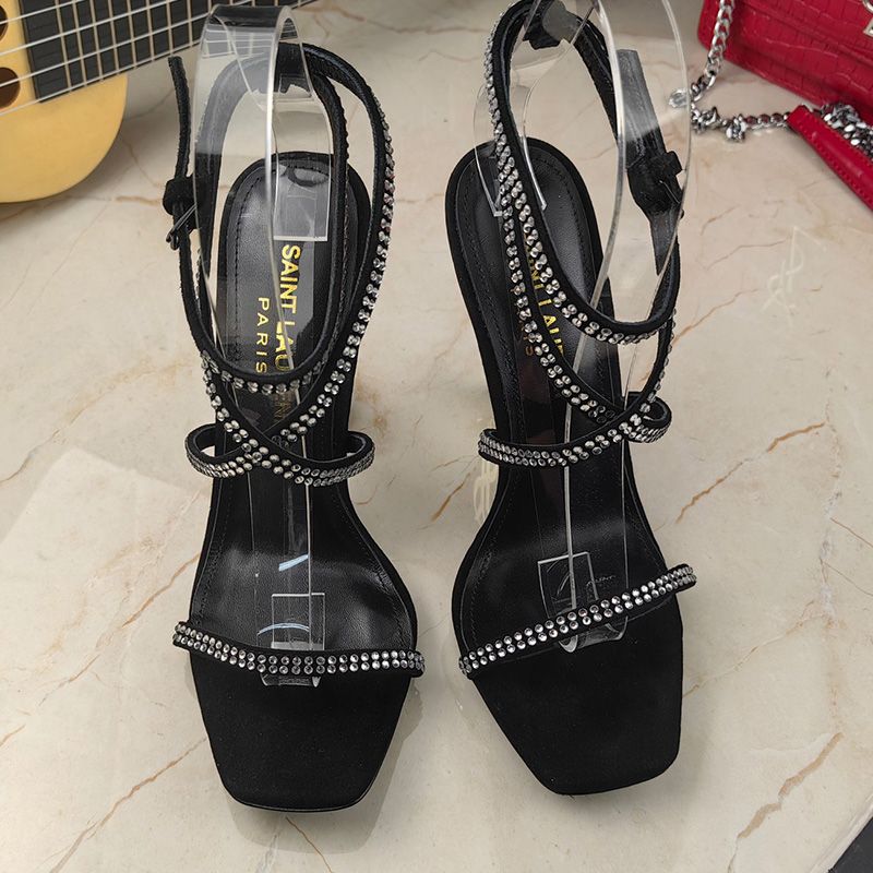 Saint Laurent Opyum Sandals with Crisscrossed Straps Women Satin with Rhinestones Black Gold