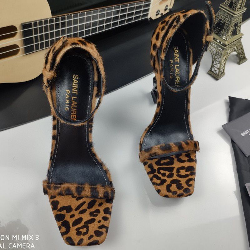 Saint Laurent Opyum Sandals Women Leopard Suede Brown Black