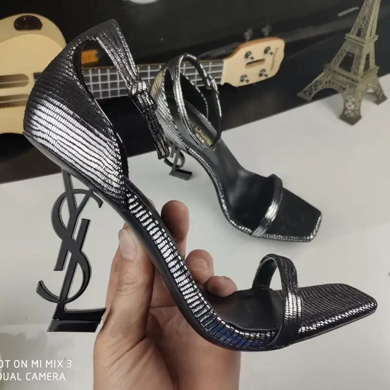 Saint Laurent Opyum Sandals Women Striped Leather Silver Black