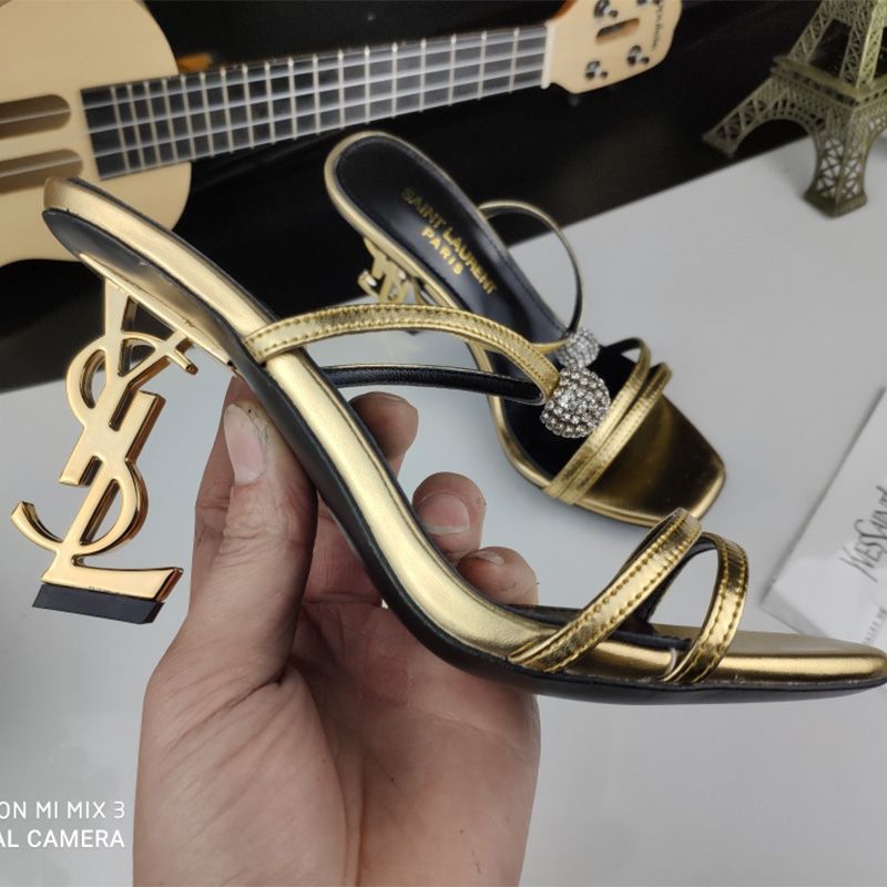 Saint Laurent Opyum Slides with Crystal Ball Women Smooth Leather Gold