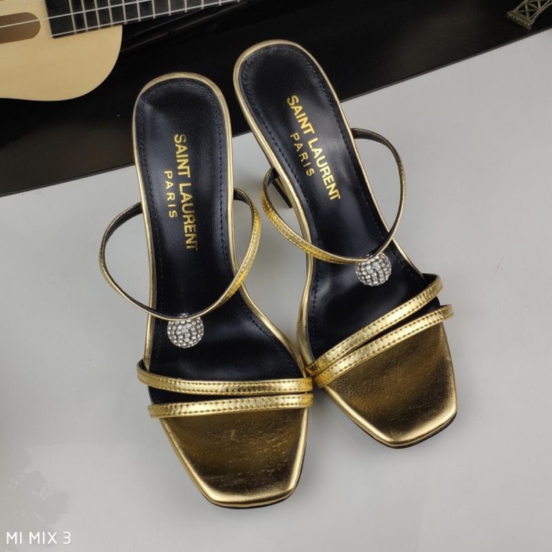 Saint Laurent Opyum Slides with Crystal Ball Women Smooth Leather Gold