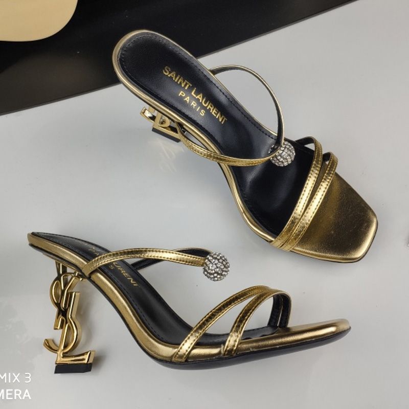 Saint Laurent Opyum Slides with Crystal Ball Women Smooth Leather Gold