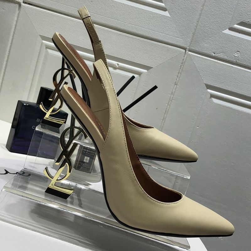 Saint Laurent Opyum Slingback Pumps Women Patent Leather Beige Gold