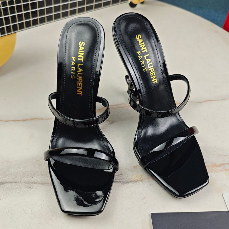 Saint Laurent Opyum Slingback Sandals with Elasticized Strap Women Patent Leather Black