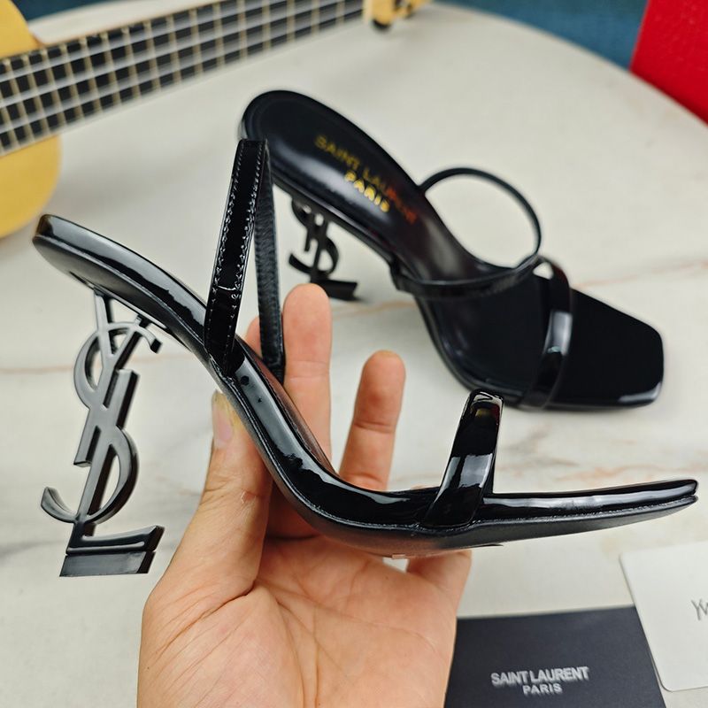 Saint Laurent Opyum Slingback Sandals with Elasticized Strap Women Patent Leather Black