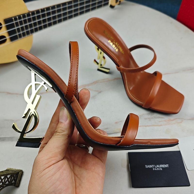 Saint Laurent Opyum Slingback Sandals with Elasticized Strap Women Smooth Leather Brown