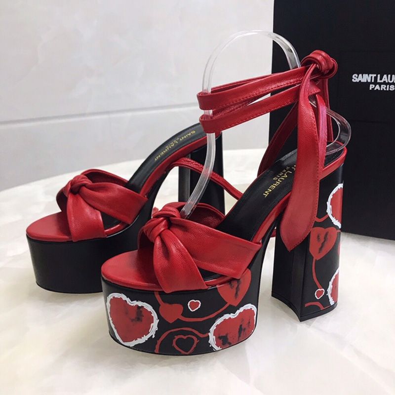 Saint Laurent Paige Platform Sandals Women Leather with Hearts Motif Red