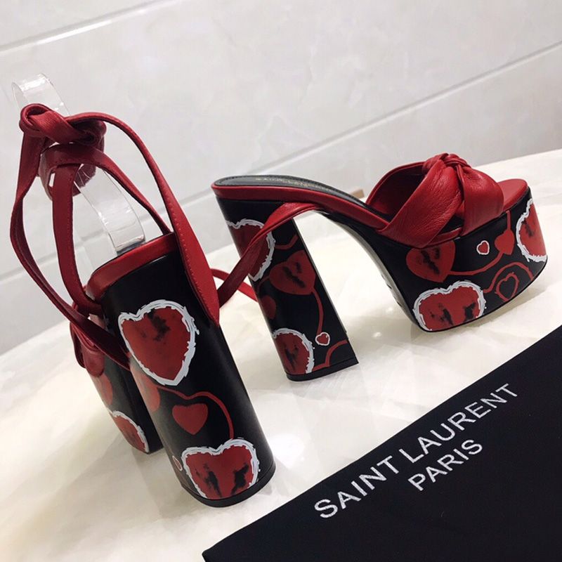 Saint Laurent Paige Platform Sandals Women Leather with Hearts Motif Red