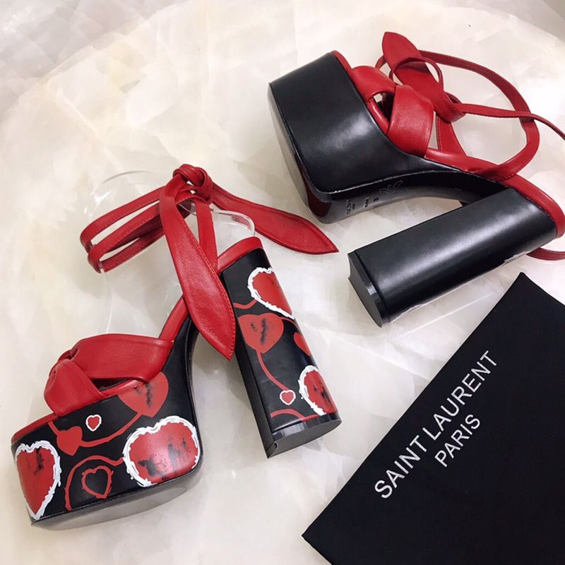 Saint Laurent Paige Platform Sandals Women Leather with Hearts Motif Red