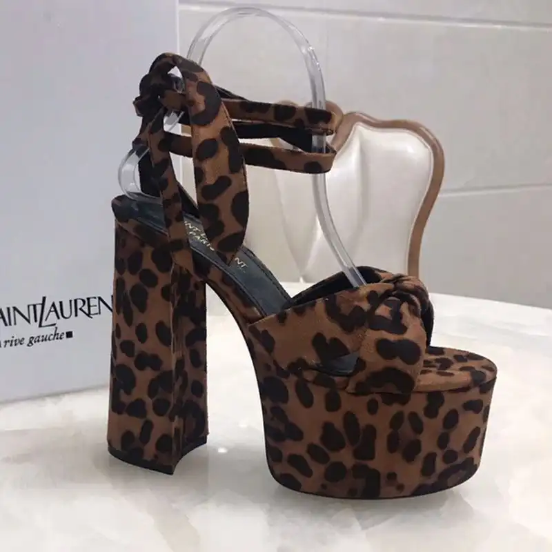 Saint Laurent Paige Platform Sandals Women Leopard Suede Brown