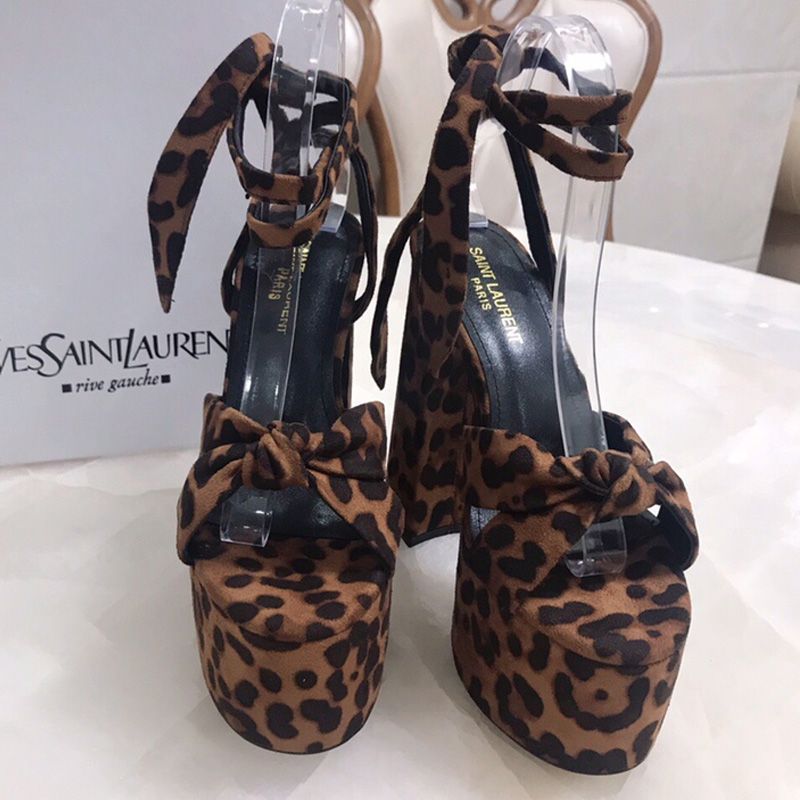 Saint Laurent Paige Platform Sandals Women Leopard Suede Brown