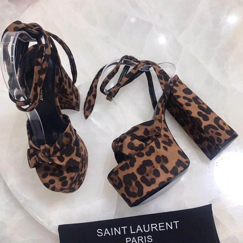 Saint Laurent Paige Platform Sandals Women Leopard Suede Brown