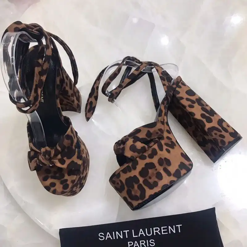 CHEAP Saint Laurent Paige Platform Sandals Women Leopard Suede Brown