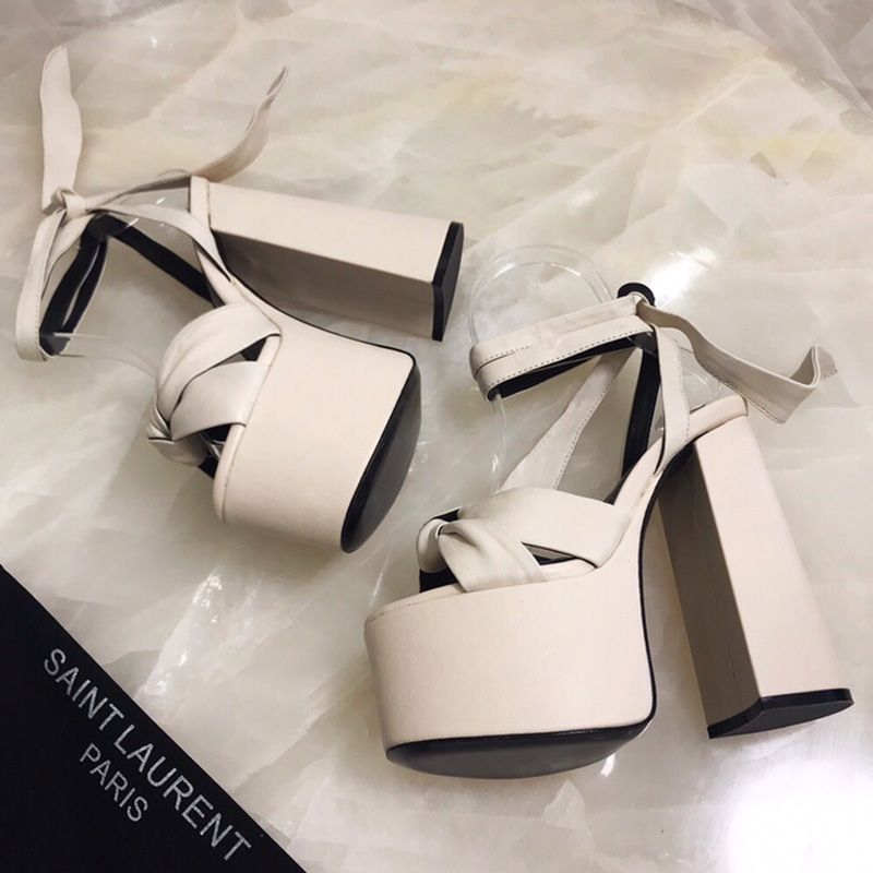 Saint Laurent Paige Platform Sandals Women Smooth Leather Apricot