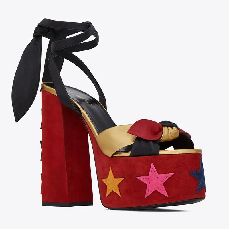 CHEAP Saint Laurent Paige Platform Sandals Women Suede With Stars Patchwork Red