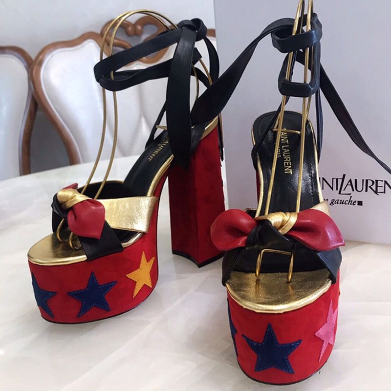 Saint Laurent Paige Platform Sandals Women Suede With Stars Patchwork Red