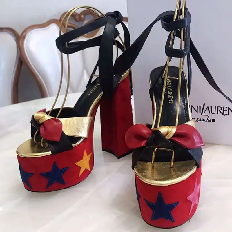 CHEAP Saint Laurent Paige Platform Sandals Women Suede With Stars Patchwork Red