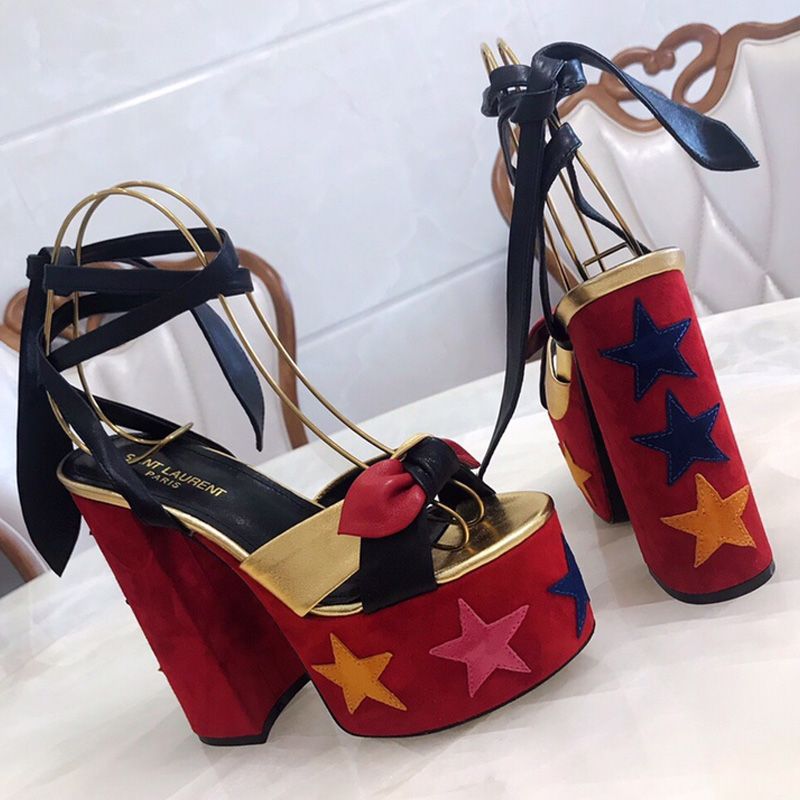 Saint Laurent Paige Platform Sandals Women Suede With Stars Patchwork Red